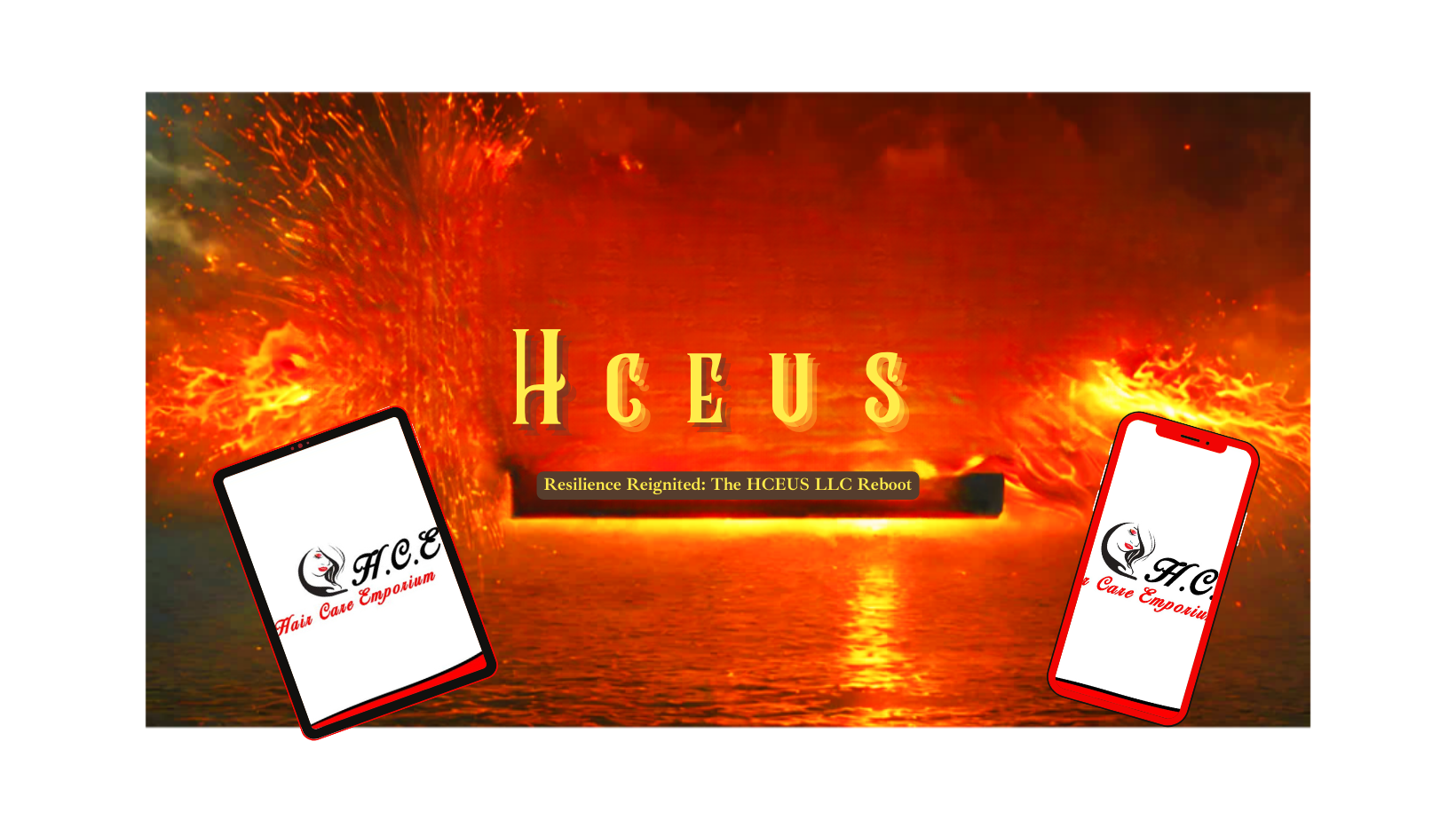 Relaunch of HCEUS Logo with fiery background and the HCEUS logos on both sides of the image